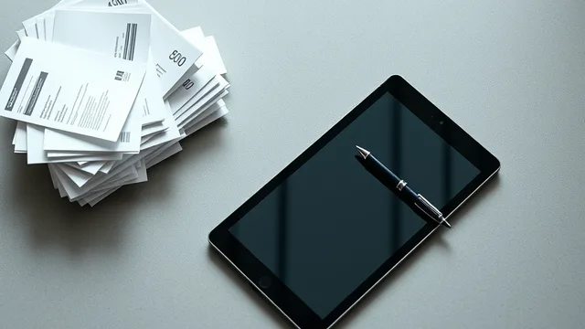 Vista cenital minimalista de un escritorio moderno con documentos organizados, una tableta y elementos de oficina, representando la transición del caos