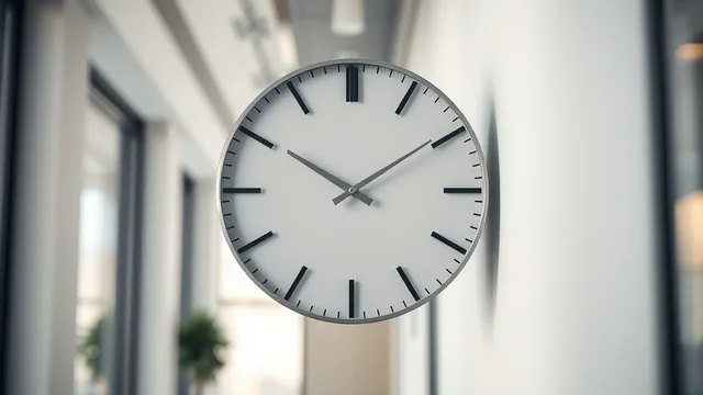 Primer plano minimalista de un reloj de pared moderno y elegante en una oficina contemporánea, simbolizando la gestión del tiempo y la puntualidad corporativa.